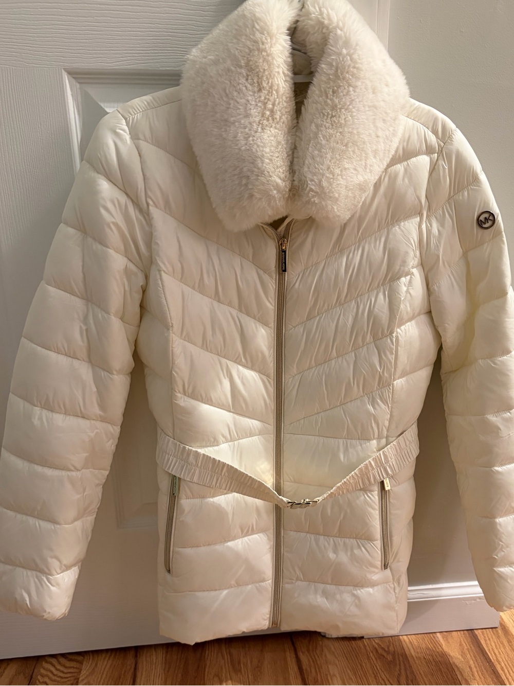 Michael Kors Cream Quilted Puffer Coat with Faux Fur Collar
